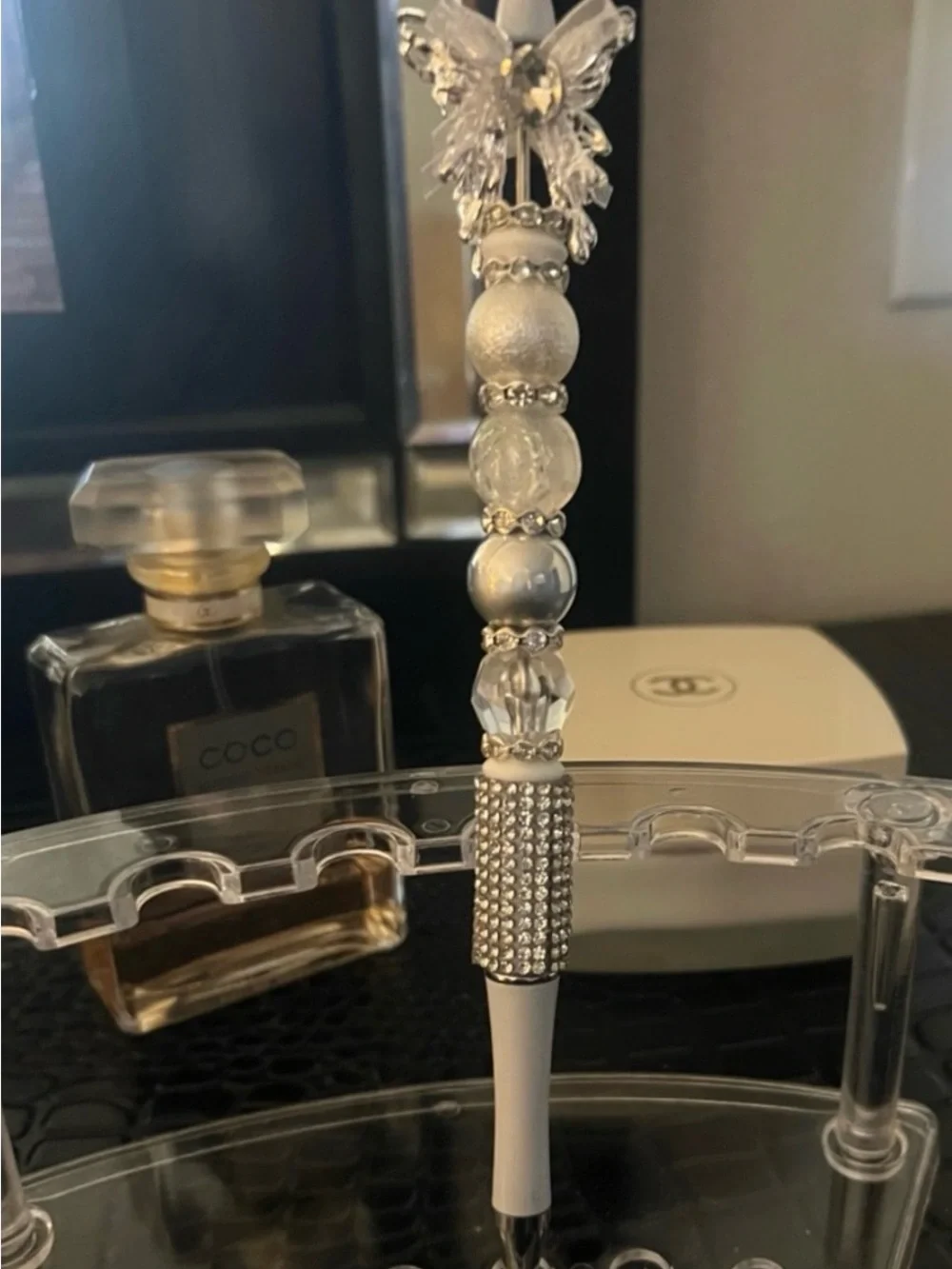 Chic Crystal Beaded Pen in White with Rhinestone Accents